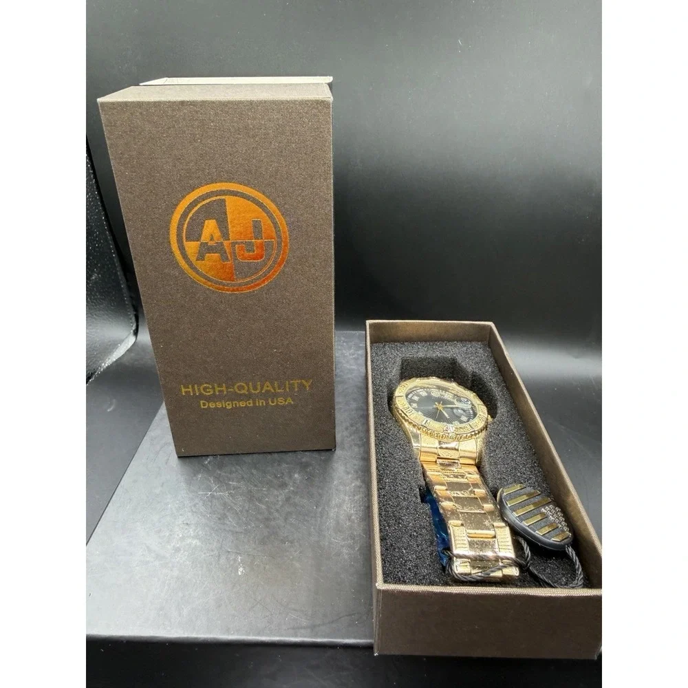 AJ USA Men's Gold‑Tone Metal Link Watch w/ Black Dial & Crystal Hour Markers ⌚✨